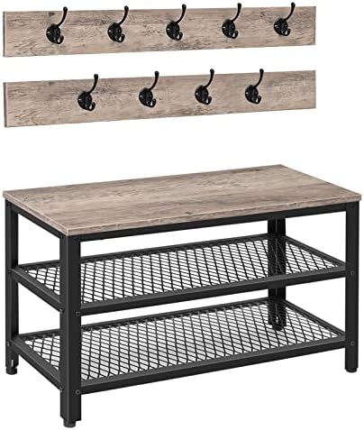 HOOBRO Hall Tree Entryway Storage Bench, Coat Rack Shoe Bench, Shoe Rack Organizer with Coat Hooks, 3-in-1 Design, Wooden Furniture with Metal Frame, Greige and Black BG17MT01 by HOOBRO