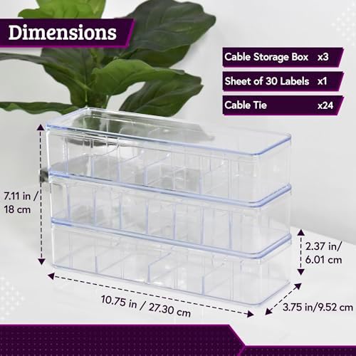 Set of 3 Cable Organizer Box W/Labels - Charger Box, Stackable W/Lids-Cord Organizer Junk Drawer- Cord Storage Box for Desk -Cable Organizer case, Multiuse Organizer - Image 2