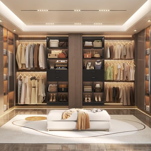 Besiost Closet System, 4-8 FT Closet Organizer Tower with 2 Wooden Drawers and Shelves, Can Fit 60 to 96 inch Walk-in Closet System with 5 Hang Rods, Built-in, Black - Image 5