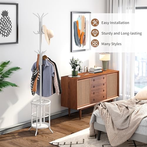 Coat Rack Freestanding with Umbrella Stand with 12 Hooks Metal Coat Tree Coat and Hat Hanger Jacket Entryway Coat Rack (White) - Image 3