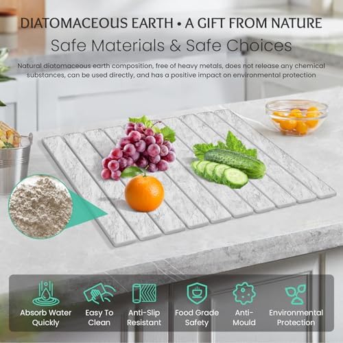Stone Dish Drying Mat Collapsible Diatomaceous Earth Absorbent Mat Quick Dish Drying Pad Dish Rack Pad Match Any Counterto Multiple Usage for Kitchen,Bathroom (Light-Gray Frosted Pattern, 24"L x 16"W) - Image 3