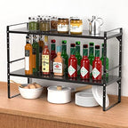iPEGTOP 2 Pack Expandable Cabinet Storage Shelf Organizer Rack, Heavy Duty Steel Metal Spice Rack Adjustable Height Office Garage Pantry Shelf Space Riser for Counter Kitchen Organization, Black - Image 2