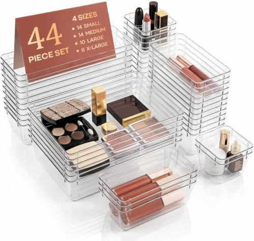 44 Pcs Makeup Drawer Organizer Set, 4 Sizes Versatile Vanity Drawer Organizer for Makeup, Non-Slip Desk Organizer Trays for Bathroom, Bedroom, Office, Fits Jewelry and Office Supplies by Asnews