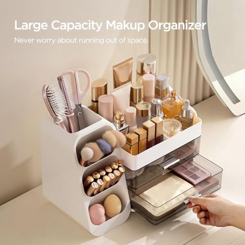 HBlife Makeup Organizer with Brush Holder for Vanity, Large Plastic Bathroom Countertop Organizer Skin Care Storage, Easy to Store Lipsticks, Nail Polishes, Perfumes, Eyeshadow Palettes, White - Image 2