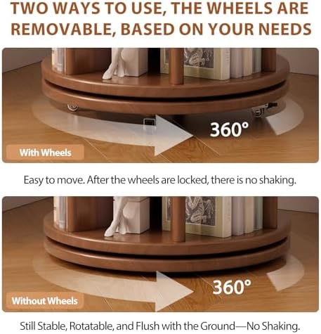 Muwuele 6 Tier Solid Wood Rotating Bookshelf Tower on Wheels, Walnut - Image 4