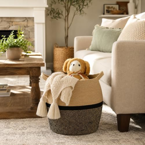 KAKAMAY Woven Baskets for Storage(17"x17"),Large Cotton Rope Woven Baby Laundry Hamper,Collapsible Laundry Basket, Blanket Basket for Organizing Living Room,Nursery,Clothes,Toy chest (Black) - Image 2