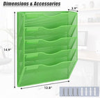 EASEPRES 5 Pocket Mesh Hanging Wall File Organizer, Wall Mounted Mail Paper Document Folder Holder, Clipboard Storage Organization Magazine Rack with Nametag Label for Office Home School, Green - Image 2