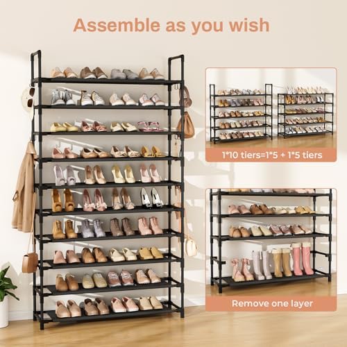 LANTEFUL Tall Shoe Rack 10 Tier Shoe Organizer Large Shoe Shelf with 18 Hooks Storage for 50 Pair, Stackable Vertical Shoe Rack Organizer for Closet, Entryway, Bedroom - Image 6