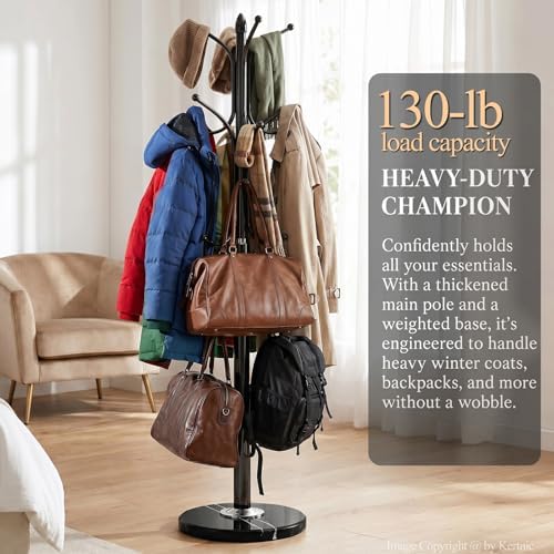 Kertnic Freestanding Coat Rack Stand, Heavy Duty Metal Hall Tree with 12 Hooks, 70 Inch Tall Stable Coat Hanger with 14.6" Natural Marble Base, Entryway Organizer for Coats Bags Hats Purses (Black) - Image 4