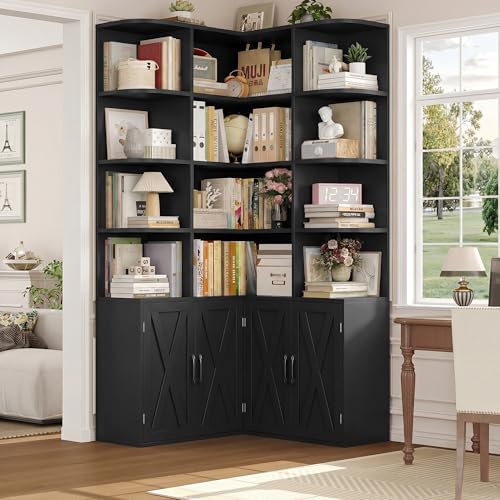 FINETONES 74" Tall Corner Bookshelf, Black Bookshelf with Doors by finetones
