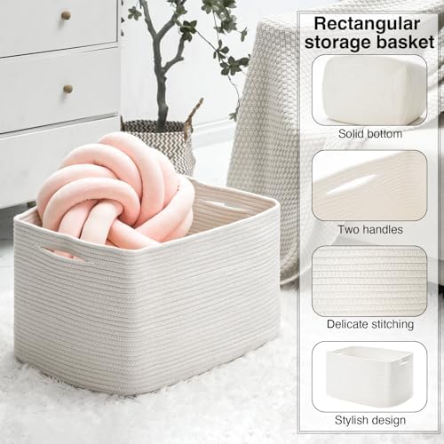 ICERZCZ Large Rectangle Blanket Basket, Large Storage Basket, Cotton Rope Woven Baskets for Storage with Handles, Toy Baskets for Baby Nursery Living Room Bedroom, 22”x17”x12”, White, 75L - Image 4