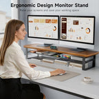Dual Monitor Stand, 35.4 Inch Monitor Stand Riser for 2 Monitors, 2 Tiers Wood Desk Shelf with Storage, Desktop Organizer Stand for Computer, Laptop, Printer, TV - Image 6