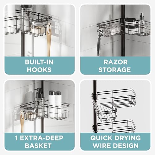 Zenna Home Tension Pole Shower Caddy Corner Organizer, Adjustable Standing Shower Caddy with 4 L-shaped Baskets and Hooks, Rust Resistant Bathroom Tension Rod Organizer, 60 to 97 Inch, Bronze - Image 6
