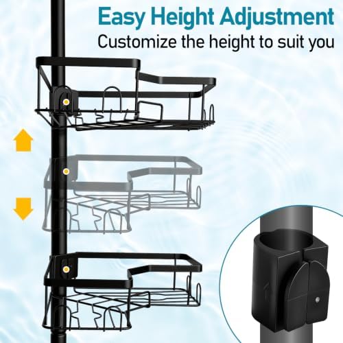 Shower Corner Caddy Organizer for Bathroom, 4-Tier Adjustable Shelves with Tension Pole, No Drilling Shower Rack with Holders for Toothbrush, Soap and Razor, 34 to 125 Inch Height - Image 2