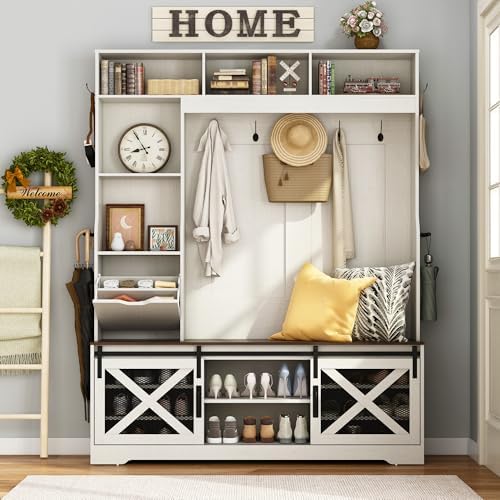 75''H 59''W Large LED Farmhouse Hall Tree with Bench and Shoe Storage,Entryway Bench with Coat Rack,16 Shoe Cubbies & Umbrella Holder and Sock Storage Drawer,Mudroom/Hallway Storages Cabinet(white ) - Image 6