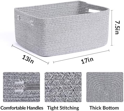 MiniArk Large Storage Baskets for Shelves, 17 x 13 x 7.5” Closet Organizers Bins for Clothes Blanket Towels, Baby Nursery, Toy Baskets Box, Woven Rope Baskets, 2 Packs Mixed Grey - Image 2