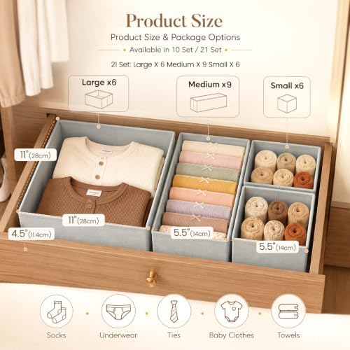 Drawer Organizer Storage for Clothes, Socks, 21 Pack, Grey - Image 2