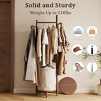 CycleCrew Solid Wood Coat Rack with Fabric Basket - Freestanding Coat Rack Rolling Coat Tree with 9 Hooks Wheels, Small Clothes Rack For Entryway Bedroom Hallway Living Room - Image 3