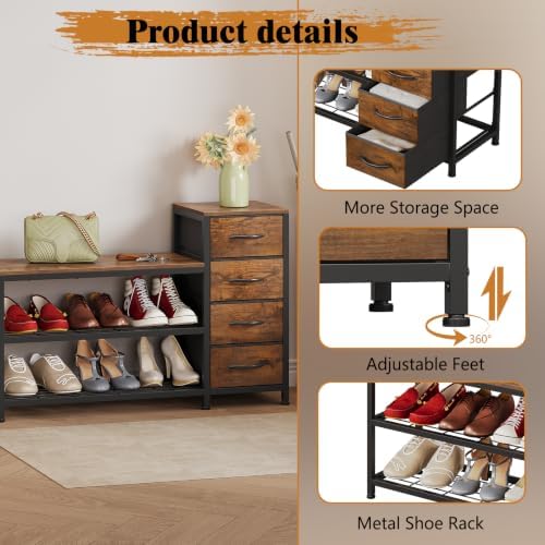 EXOTICA Industrial Shoe Storage Bench with 4 Drawers & Seat, Rustic Brown - Image 4