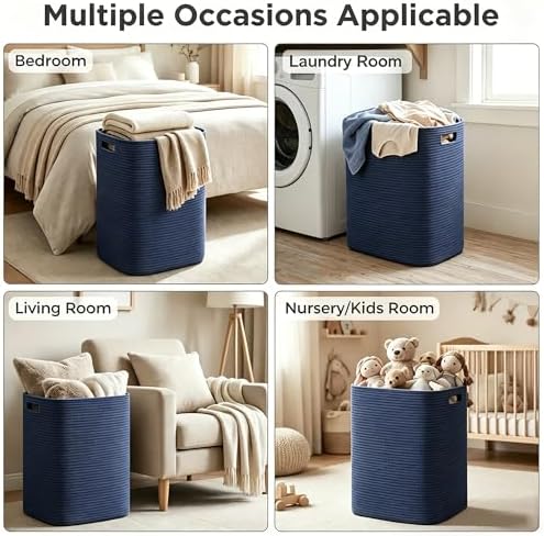 MEGASKET Large Laundry Hamper 16"x13"x22" - Tall Woven Baby Laundry Basket, Cotton Rope Dirty Clothes Hamper Bin, Blanket Storage for Living Room, Nursery Bedroom Aesthetic, Soft Dark Blue Hamper, 75L - Image 7