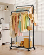 Sakugi Double Rod Clothes Rack Mesh Shelf & Hooks, 28.7x16.5x59.1, Black - Image 2