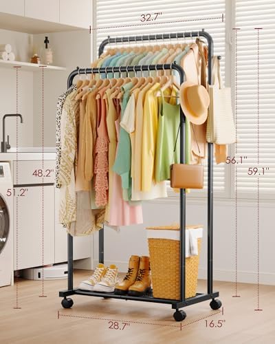 Sakugi Double Rod Clothes Rack Mesh Shelf & Hooks, 28.7x16.5x59.1, Black - Image 2