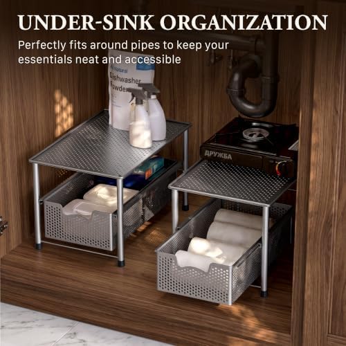 Simple Houseware Stackable Under Sink Sliding Basket Drawer, Silver - Image 6
