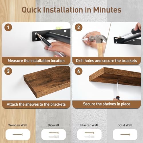 RALGEND Floating Shelves for Wall, 39.4" Long Wall Shelf Set of 3 with Invisible Bracket, 1.5" Thick Hanging Shelves Farmhouse Home Decor for Bathroom, Living Room, Bedroom Rustic Brown 10301BJP3BF - Image 5