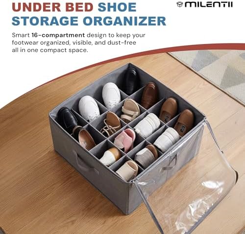 2 Pack Under Bed Shoe Storage Organizer, 16-Compartment Foldable Shoe Storage Boxes with Adjustable Dividers & Clear PVC Lid, Sneakers, Heels, Boots & Sandals Organizer for Closet, Grey - Image 2