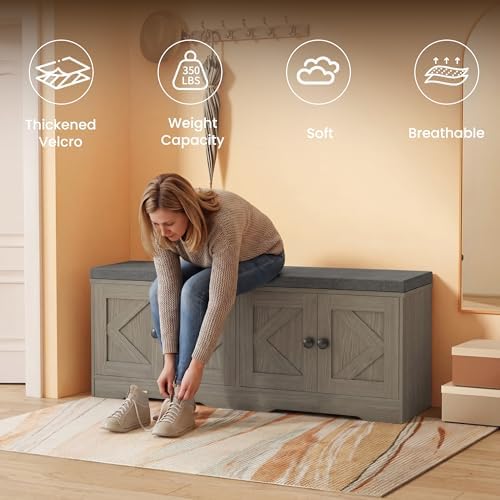 Apicizon Storage Bench with Seat Cushion, 2 Tier Entryway Bench with 4 Barn Doors, Adjustable Shelves, 47.36" Shoe Bench for Entryway Hallway Bedroom Living Room, Greige - Image 5
