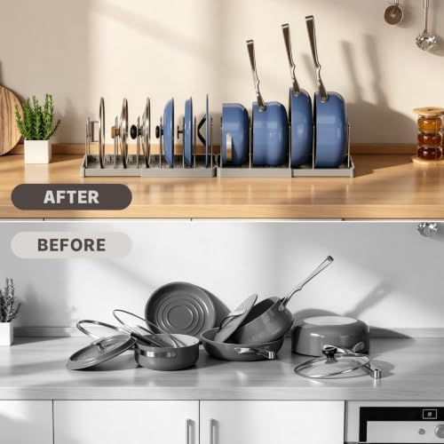 Magheo 1 Pack Expandable Food Storage Container Lid Organizers, 31.3" Pots and Pans Organizer Under Cabinet with 12 Adjustable Dividers Pot and Pan Lid Holders Rack Inside Cabinet(Gray) - Image 6