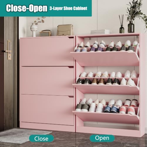 Xixini Shoe Storage Cabinet for Entryway with 3 Flip Drawers, Sturdy Wood Hidden Shoe Storage, Freestanding Narrow Slim Shoe Organizer for Front Door Entrance, Living Room, Hallway, Bedroom, Pink - Image 3