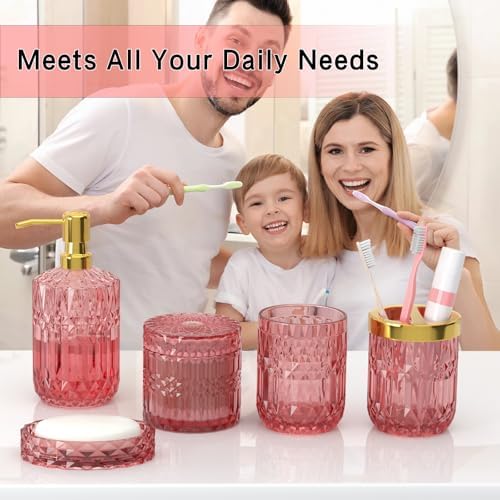 New Pink Glass Bathroom Accessories Set 5 Pcs, Pink Bathroom Set, Soap Dispenser and Toothbrush Holder Set, Qtip Holder Set, Vintage Bathroom Sink Set, Cute Bathroom Decor - Image 2