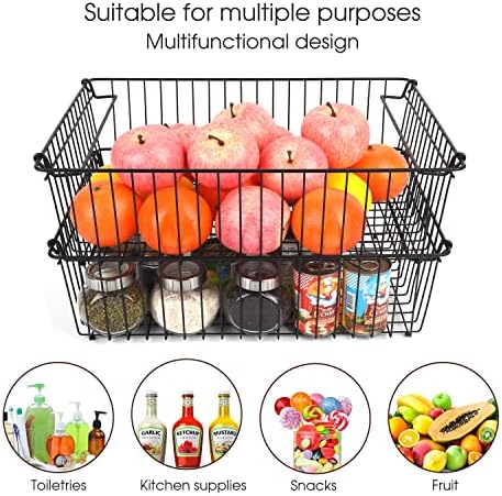 Set of 2 Stackable XXL Wire Baskets For Pantry Storage and Organization -16x12in Large Metal Food Baskets -Vegetable,Fruit,Potato,Onio, Pantry Storage Bins With Handles (Black, XXL) - Image 2