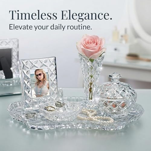 Godinger Crystal Glass Vanity Set of 5, Display Tray, Ring Holder, Vase, Picture Frame, Storage Box with Lid, Shannon Collection - Image 4