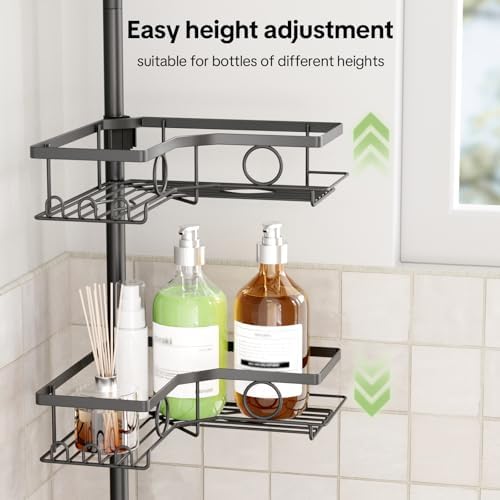 Corner Shower Caddy Tension Pole, 4 Tier Rustproof Shower Tension Rod Organizer with Soap Holder & Hooks, Adjustable 30-121 Inch Bathroom Shelf for Renters - Family Stand Storage Rack, Black - Image 5