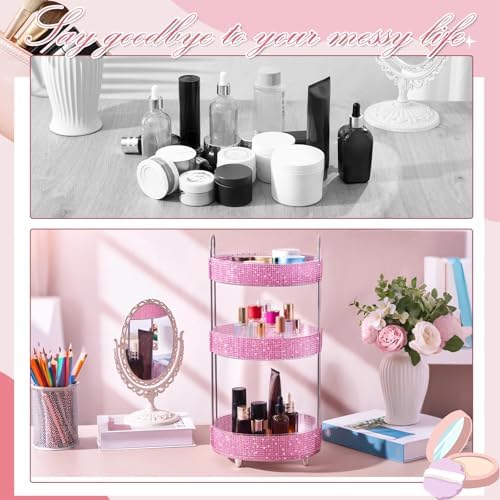 Honeydak Rotating Perfume Organizer Tray, 3 Tiers, Resin Diamond, Pink - Image 5