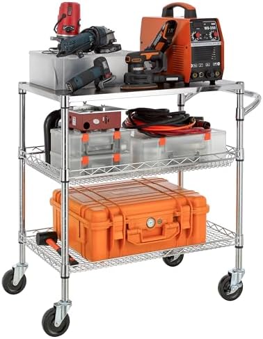 Finnhomy 3 Tier Heavy Duty Commercial Grade Utility Cart with Wood Top, Wire Rolling Cart with Wheels and Handle Bar, Kitchen Carts on Wheels, Metal Cart with 600 LBS Capacity, Chrome - Image 2