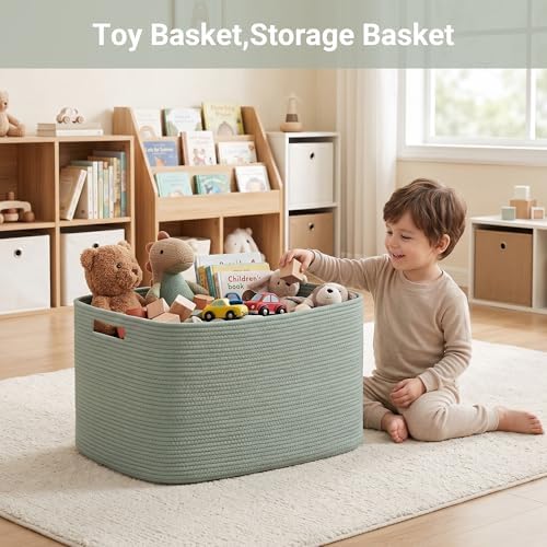 75L Green Cotton Rope Storage Basket, Large Rectangle Laundry Hamper with Handles, 22”x17”x12” Woven Blanket and Toy Basket for Living Room, Bedroom and Nursery - Image 4