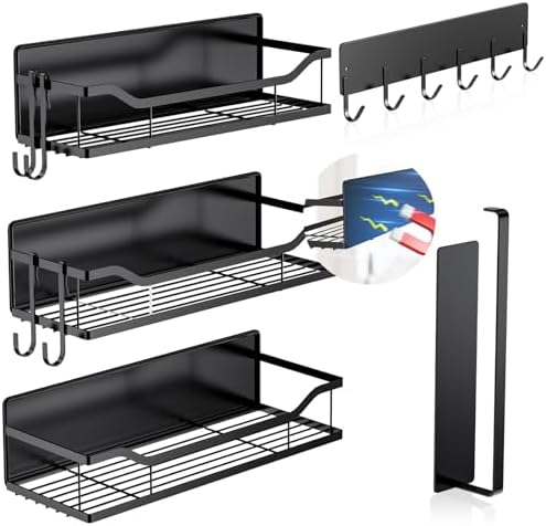 5 Pack Multifunctional Magnetic Shelves for Refrigerator Spice Rack & Washing Machine Organize, Include Paper Towel Holder, Kitchen Utensil Hanger and Hooks, Strong Magnet for Secure Hold (Black) by Unknown