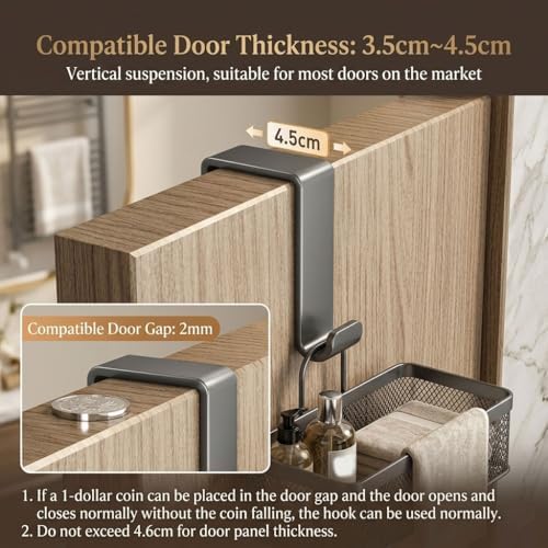 Over the Door Hooks with Storage Basket, Space Saving Over the Door Organizer, Carbon Steel Door Hanger Organizer Detachable Storage Basket, Tool-Free Door Hooks (Gray 6 Hooks) - Image 5