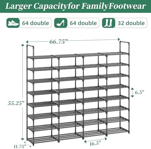 Simple Trending 8-Tier Shoe Rack Large Capacity 64 Pairs Tall Shoe Shelf, Sturdy Metal Shoe Organizer for Entryway, Closet, Bedroom, Black - Image 3