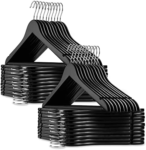 Casafield - 40 Black Wooden Suit Hangers - Premium Lotus Wood with Notches & Chrome Swivel Hook for Dress Clothes, Coats, Jackets, Pants, Shirts, Skirts by Casafield