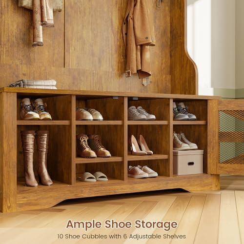 Itaar Hall Tree with Bench and Shoe Storage, 5-in-1 Entryway Bench with Coat Rack, 10 Shoe Cubbies & 9 Coat Hooks, Barn Door & Adjustable Shelf (Rustic Brown) - Image 5