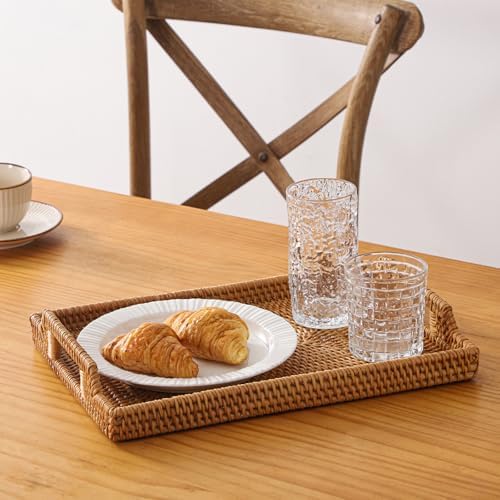 14.5'' Rattan Serving Tray Rectangle with Handles, Vintage Wicker Table Tray for Decor, Boho Hand Woven Seagrass Coffee Table Basket Tray for Ottoman, Breakfast, Bathroom, Outdoor - Image 7