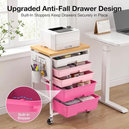 ALVOROG Rolling Storage Cart with 5 Drawers,Pegboards,Wooden Top,Bins,Pink - Image 3