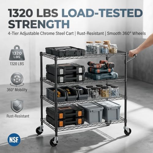 Finnhomy 4 Tier Heavy Duty Commercial Grade Rolling Cart with Handle Bar, Metal Wire Utility Cart with Wheels, Service Trolley on Wheels, Shelf Size 18" D x 36" W, NSF, Black - Image 2