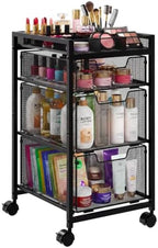 JKsmart Rolling Makeup Cart Organizer with 3 Drawers, Cosmetics Display with Dividers, Floor Skincare Storage with Wheels, Versatile Vanity Organizer for Nail Polish Perfume Brush Hair Tool, Black by JKsmart