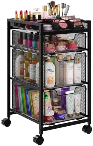 JKsmart Rolling Makeup Cart Organizer with 3 Drawers, Cosmetics Display with Dividers, Floor Skincare Storage with Wheels, Versatile Vanity Organizer for Nail Polish Perfume Brush Hair Tool, Black by JKsmart