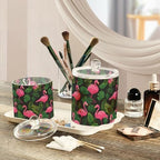 Hot Pink Flamingos and Green Tropical Leaves Qtip Holder Waterproof Dustproof Apothecary Jars with Lids For Bathroom Cotton Swabs Makeup Sponges Floss Picks Bath Salts 2 Pack - Image 5